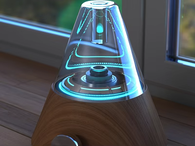Modern Electronic Appliance With Transparent Cone Design Blue Glowing Lines And Wooden Base 3d model
