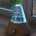 Modern Electronic Appliance With Transparent Cone Design Blue Glowing Lines And Wooden Base