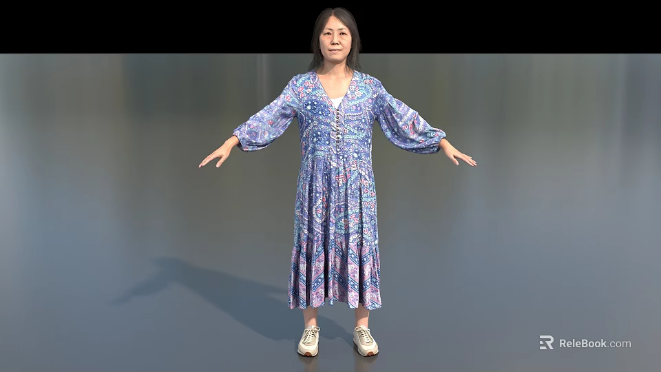 Woman In Blue Purple Floral Long Sleeve Dress Standing With Arms Outstretched On Gray Background 3d model 