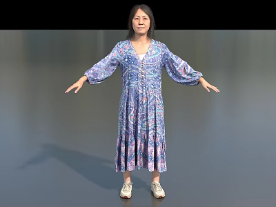Woman In Blue Purple Floral Long Sleeve Dress Standing With Arms Outstretched On Gray Background 3d model