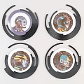 Decorative Round Items Featuring Four Different Helmet Designs With Black Circular Borders 3d model