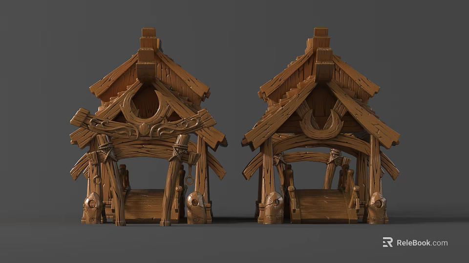 Intricately Carved Traditional Wooden Architectural Sculptures With Decorative Roof And Pillars 3d model 