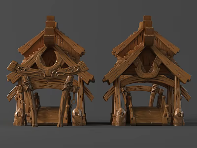 Intricately Carved Traditional Wooden Architectural Sculptures With Decorative Roof And Pillars 3d model