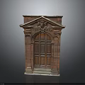 Vintage Red Brick and Wooden Door Furniture with Ornate Carvings and Pediment Design