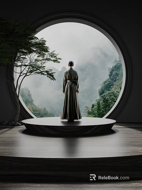 Person In Traditional Robe Standing At Circular Window With Misty Mountain View And Trees 3d model 
