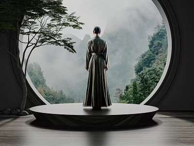 Person In Traditional Robe Standing At Circular Window With Misty Mountain View And Trees 3d model