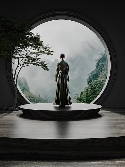 Person In Traditional Robe Standing At Circular Window With Misty Mountain View And Trees 3d model
