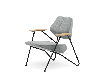 Stylish Gray Modern Armchair With Wooden Armrests And Black Metal Legs 3d model