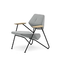 Stylish Gray Modern Armchair With Wooden Armrests And Black Metal Legs