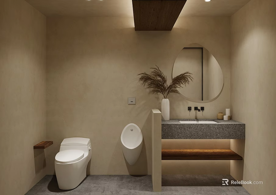 Modern Bathroom Interior With Beige Walls Toilet Urinal Marble Vanity Round Mirror And Wooden Accents 3d model 