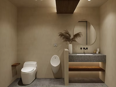 Modern Bathroom Interior With Beige Walls Toilet Urinal Marble Vanity Round Mirror And Wooden Accents 3d model