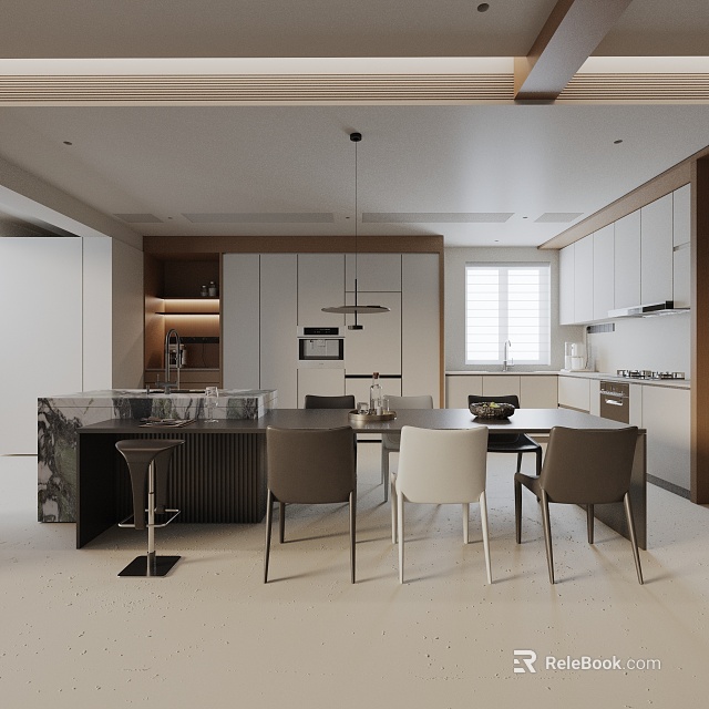 Modern Kitchen Interior Dining Table Set With Chairs Marble Island Counter And Cabinets 3d model 