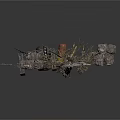 Demolished Construction Site Debris With Rusted Barrel Metal Fragments And Stone Blocks