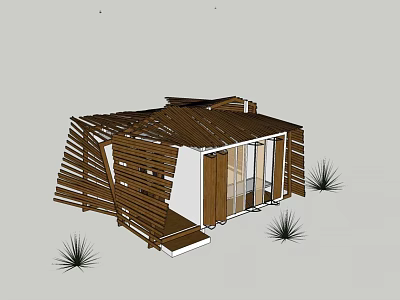 Modern Wooden Small House Exterior With Sloped Roof And Surrounding Plants 3d model