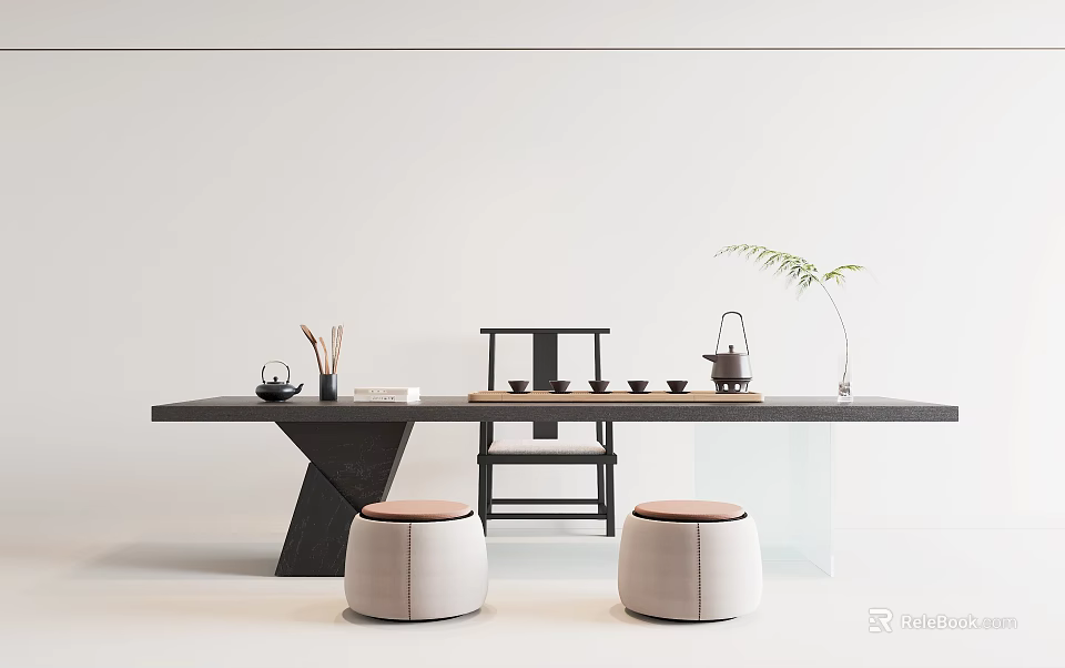Modern Tea Table And Chairs Set With Teapot Cups And Stools 3d model 