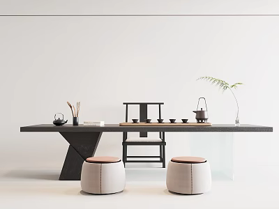 Modern Tea Table And Chairs Set With Teapot Cups And Stools 3d model