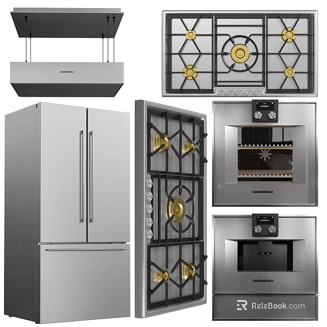Modern Stainless Steel Kitchen Appliances with Refrigerator Gas Stove Oven Chimney Hood and Gold Accents 3d model 