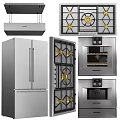 Modern Stainless Steel Kitchen Appliances with Refrigerator Gas Stove Oven Chimney Hood and Gold Accents