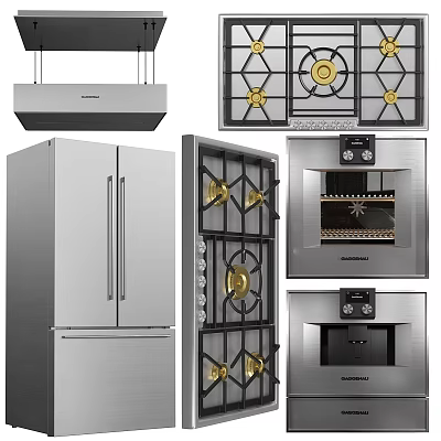 Modern Stainless Steel Kitchen Appliances with Refrigerator Gas Stove Oven Chimney Hood and Gold Accents 3d model