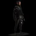Man With Red Hair In Black Jacket And Tactical Gear Standing On Dark Background