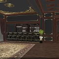 Luxurious Interior Space With Dark Wood Decor Gold Accents Bar Counter And Patterned Rug