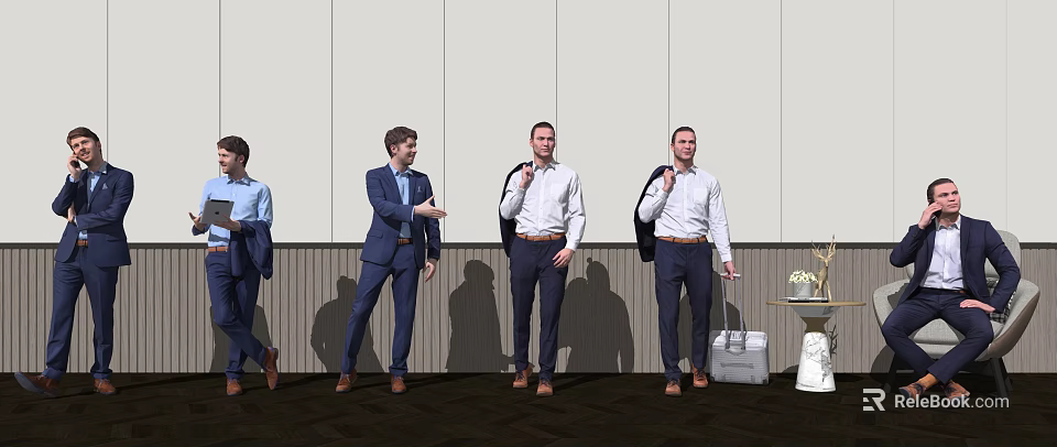 Professional Men in Formal Suits Standing Together Holding Jackets in Office Space 3d model 