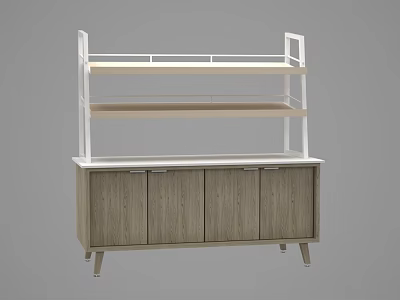 Modern Storage Cabinet with Wooden Doors and White Multi Tiered Shelves Design 3d model