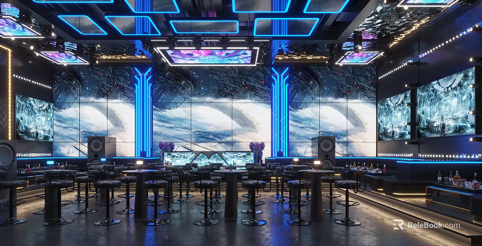 Modern Bar Interior With Blue Lighting Large Background Screens Bar Area And High Stools 3d model 
