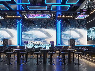 Modern Bar Interior With Blue Lighting Large Background Screens Bar Area And High Stools 3d model