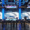 Modern Bar Interior With Blue Lighting Large Background Screens Bar Area And High Stools