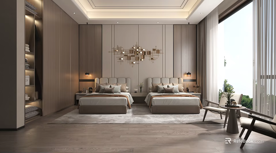Hotel Guest Room With Two Beds Upholstered Headboards Decorative Ceiling Light And Wooden Panel Walls 3d model 