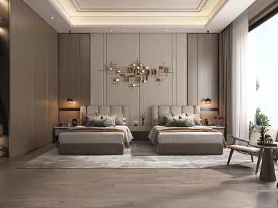 Hotel Guest Room With Two Beds Upholstered Headboards Decorative Ceiling Light And Wooden Panel Walls 3d model