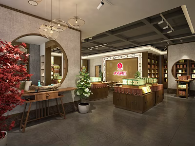 Chinese Style Specialty Store Interior With Wooden Counters Green Plants And Round Mirror 3d model