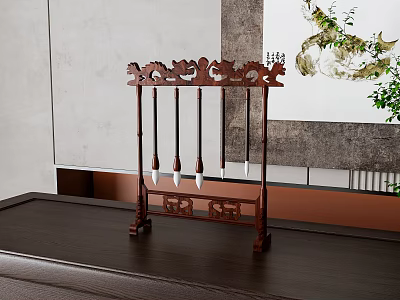 Traditional Chinese Calligraphy Brushes On Wooden Rack With Elegant Decor 3d model