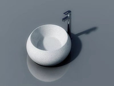 Modern Round Bathroom Basin with Chrome Faucet and Gray Surface Reflection 3d model