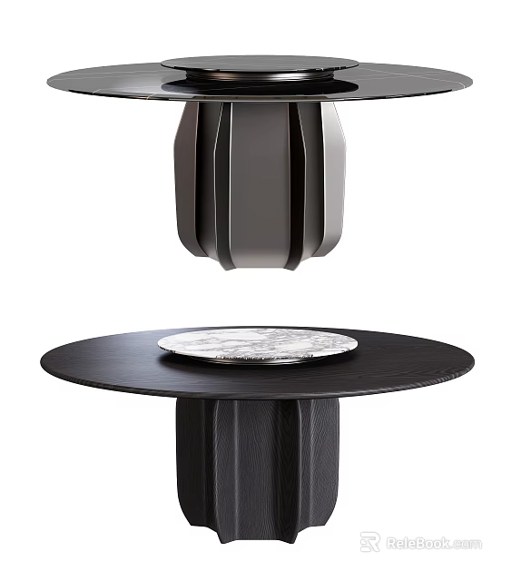 Modern Round Dining Table With Black Textured Pedestal And Marble Top 3d model 