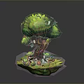 Lush Green Tree With Brown Trunk Grass Mushrooms And Small Animals On Floating Island
