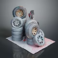 Different Sizes And Styles Of Stacked Car Tires As Automotive Parts