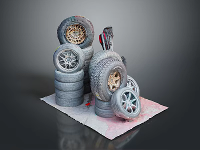 Different Sizes And Styles Of Stacked Car Tires As Automotive Parts 3d model