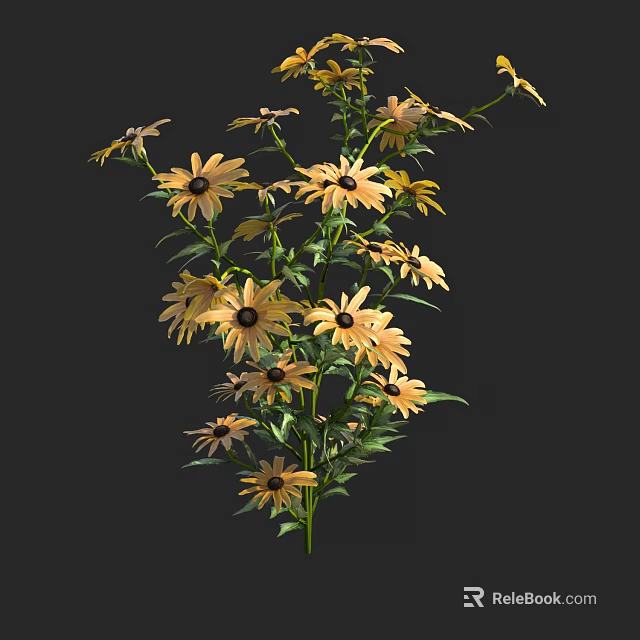 Vibrant Yellow Flowers With Green Stems And Lush Leaves Growing Together 3d model 