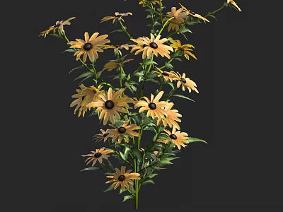 Vibrant Yellow Flowers With Green Stems And Lush Leaves Growing Together 3d model