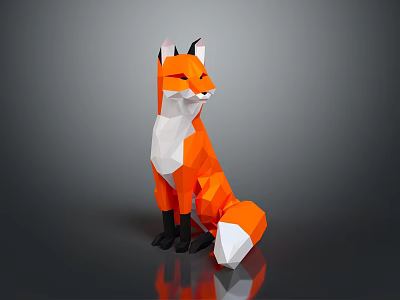 Low Poly Style Game Movie Character Orange White Black Fox Sitting Pose Reflective Surface 3d model