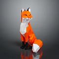 Low Poly Style Game Movie Character Orange White Black Fox Sitting Pose Reflective Surface