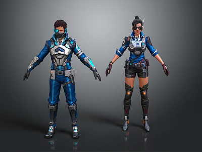 Two Game Movie Characters In Blue Futuristic Tech Inspired Outfits With Armor And Goggles 3d model