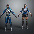 Two Game Movie Characters In Blue Futuristic Tech Inspired Outfits With Armor And Goggles