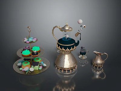 Elegant Vintage Tea Set With Decorative Teapot Dessert Stand Small Teacup And Cupcakes 3d model