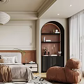 Elegant Modern Bedroom Interior With White Pendant Light Framed Art Geometric Rug And Accent Chair