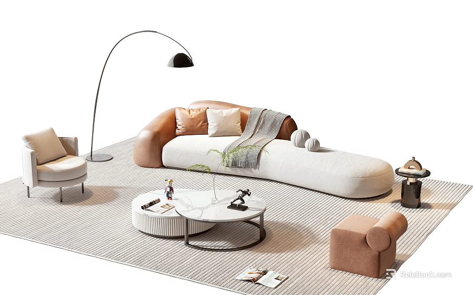 Modern Sofa Coffee Table Combination With Beige Upholstery Marble Top And Decorative Pillows 3d model 