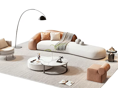Modern Sofa Coffee Table Combination With Beige Upholstery Marble Top And Decorative Pillows 3d model