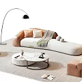Modern Sofa Coffee Table Combination With Beige Upholstery Marble Top And Decorative Pillows